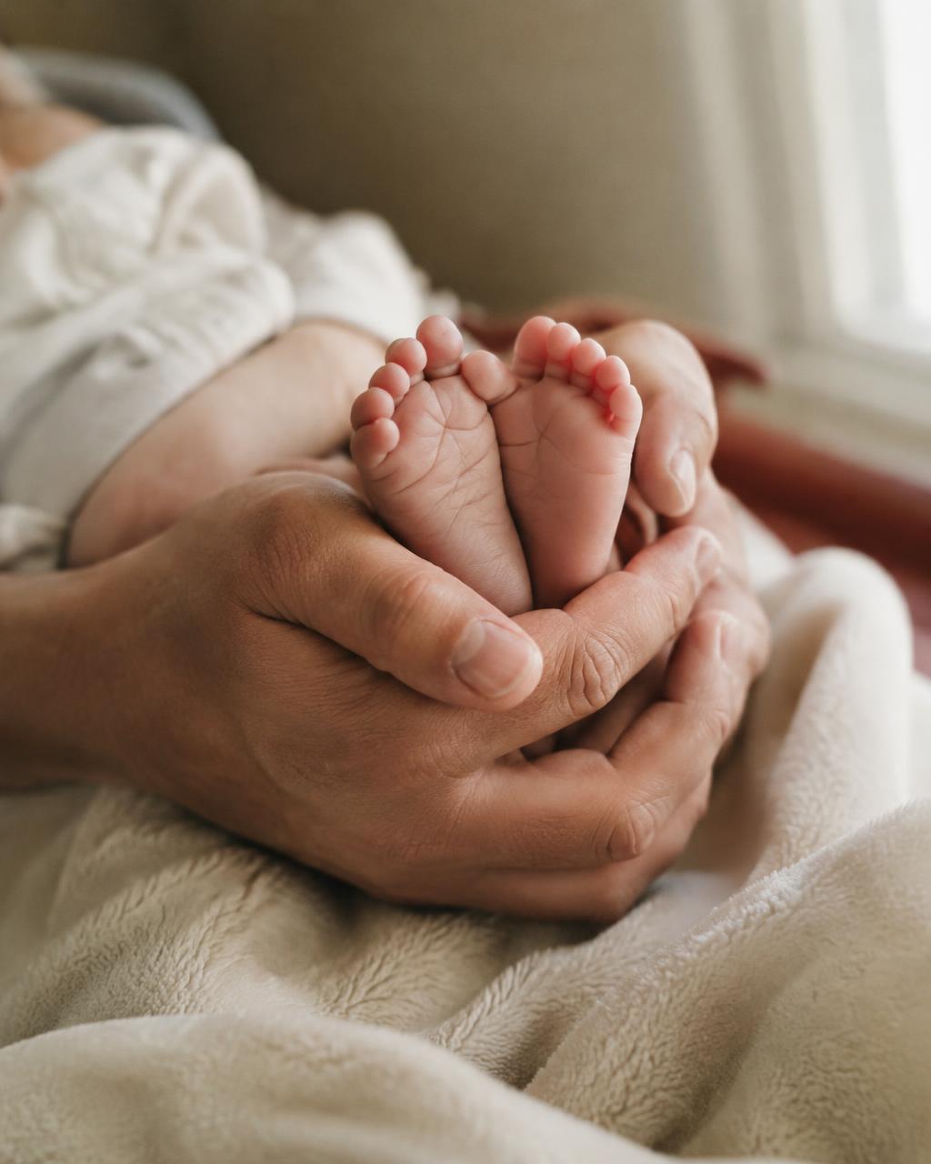 Tiny newborn feet cradled in a parent’s hands