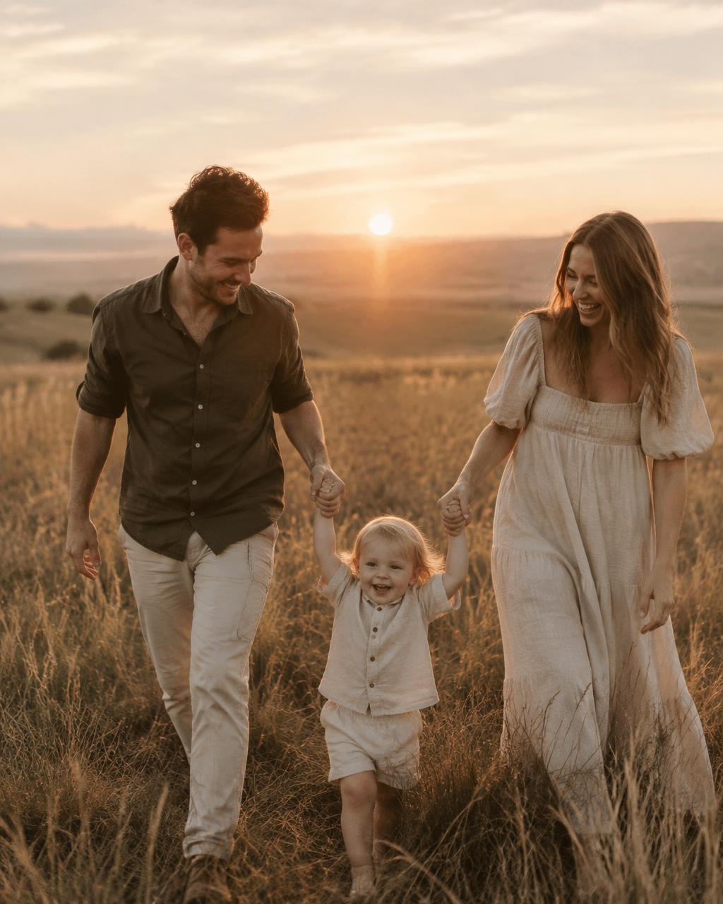 Family walking together through a sunny field
