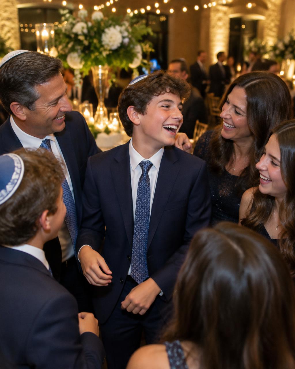 A bar mitzvah boy laughing with family and friends at his celebration