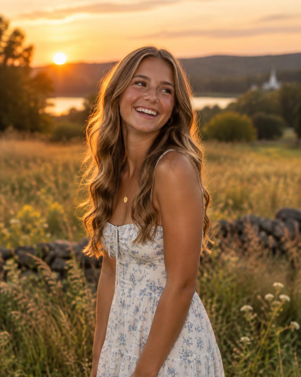 A high school senior laughing in golden-hour light during her senior portrait session